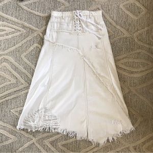 White lace up fly Free People distressed denim maxi skirt